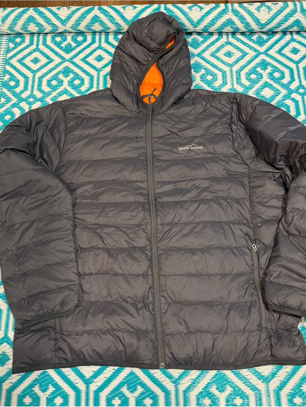 Eddie Bauer Men’s XXL Black Puffer Jacket Packable Lightweight Orange Lining